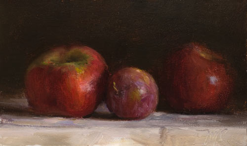 daily painting titled Still life with apples and a plum