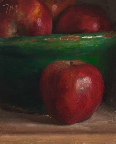 daily painting titled Apples and green bowl