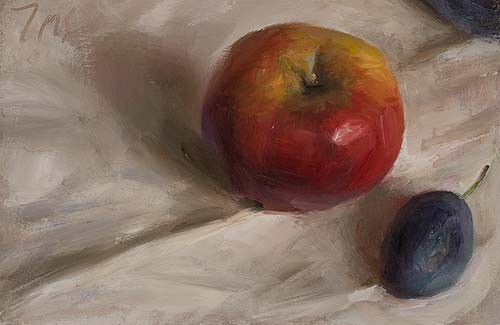daily painting titled Apple and plums on a white cloth