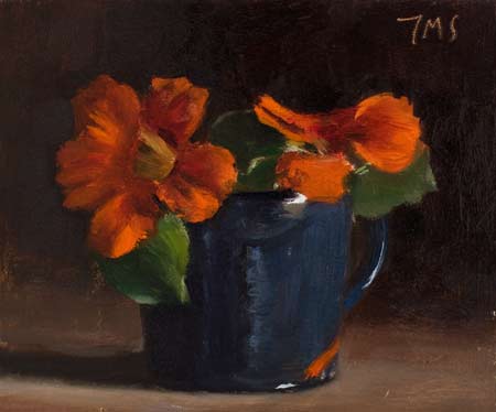 daily painting titled Nasturtiums in a blue cup
