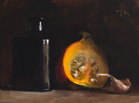 daily painting titled Still life with potimarron, bottle and garlic clove