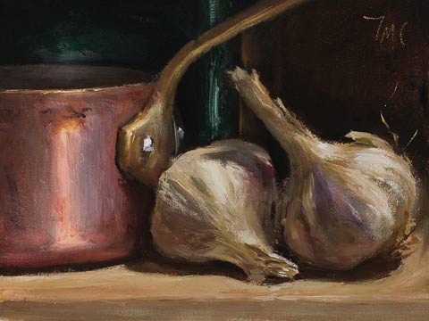 daily painting titled Still life with copper pan, garlic and olive oil can