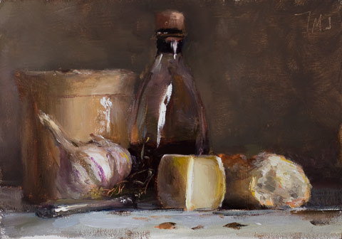 daily painting titled Still life with confit pot, garlic, balsamic vinegar, bread, cheese and knife