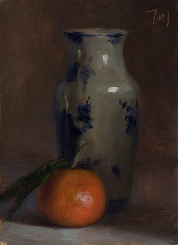 daily painting titled Clementine and Delft vase