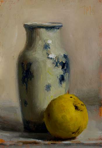 daily painting titled Delft vase with quince