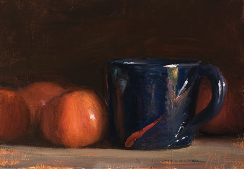 daily painting titled Clementines and blue cup