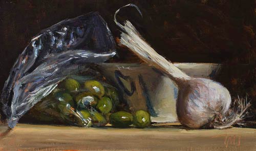 daily painting titled Olives, cup and garlic