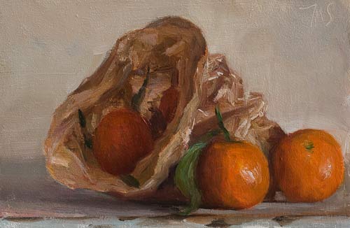 daily painting titled Clementines in a paper bag