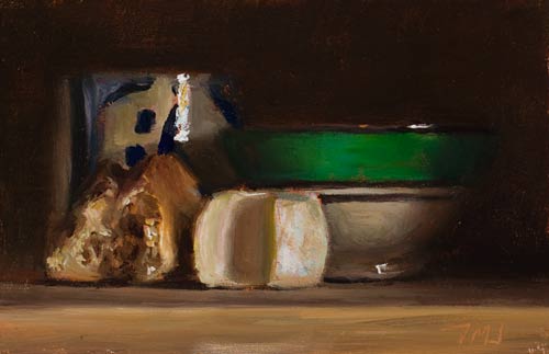 daily painting titled Still life with bread, cheese cup and Moroccan bowl