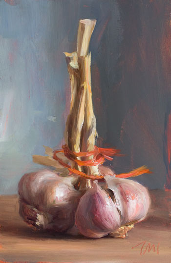 daily painting titled Rose garlic with orange string
