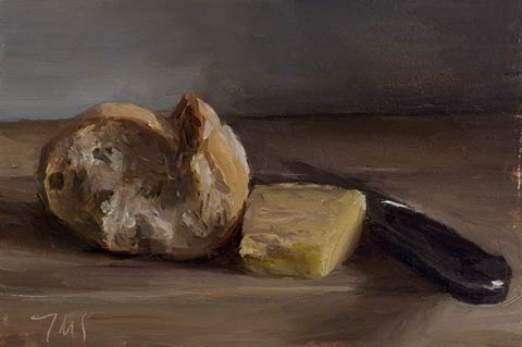 daily painting titled Bread, cantal vieux and knife