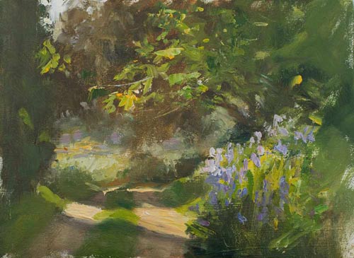 daily painting titled Shaded track with irises
