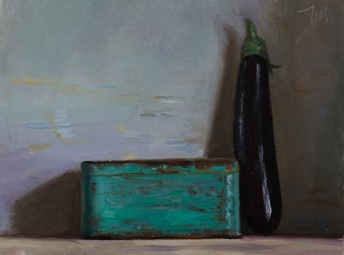 daily painting titled Aubergine and blue tin