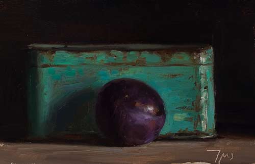 daily painting titled Plum and blue tin