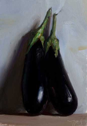 daily painting titled Aubergines from our garden