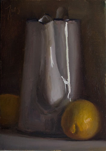 daily painting titled Enamel jug and lemons