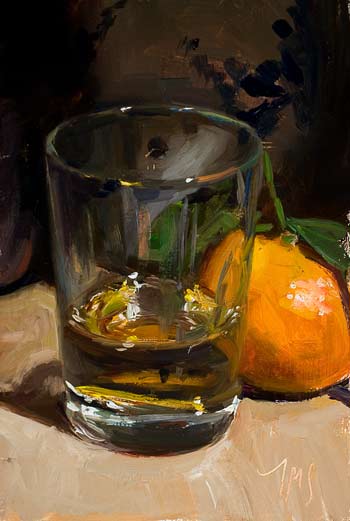 daily painting titled Still life with whisky and clementine