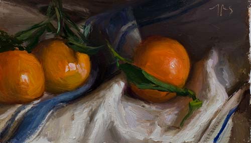 daily painting titled Three clementines on a french cloth