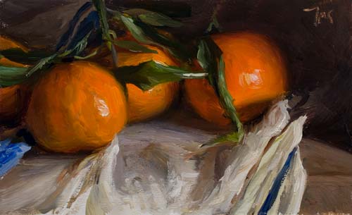 daily painting titled Clementines on a french cloth #2