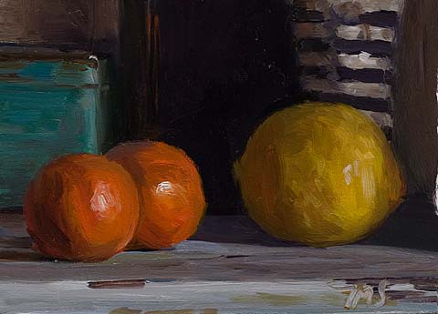 daily painting titled Still life with clementines, blue tin, lemon, bottle and candlestick