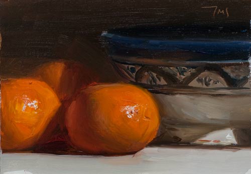 daily painting titled Clementines and Moroccan bowl