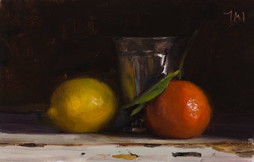 daily painting titled Lemon, clementine and silver goblet