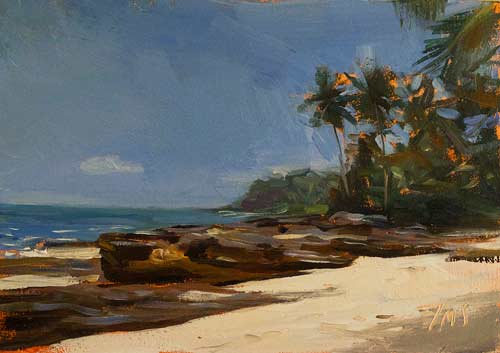 daily painting titled Rocks, palms and white sand
