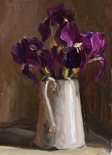 daily painting titled Irises in an enamel jug