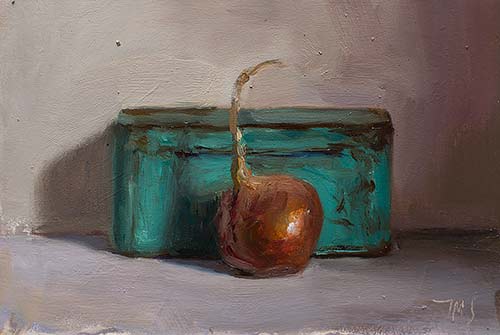 daily painting titled Onion and blue tin