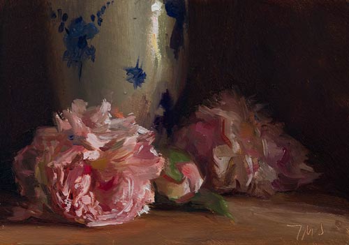 daily painting titled Peonies and Delft vase