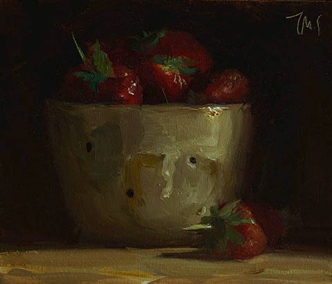 daily painting titled Strawberries in a faisselle pot