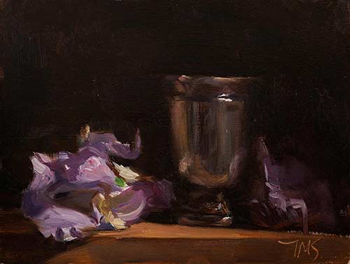 daily painting titled Blue iris and silver goblet