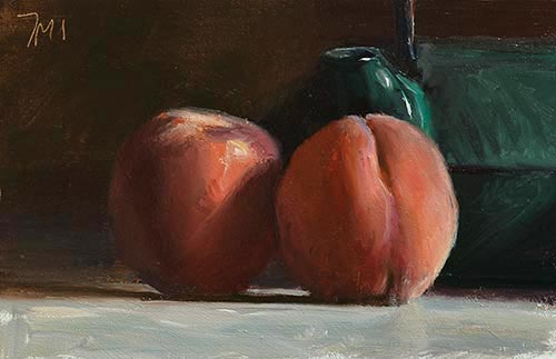 daily painting titled Peaches and Japanese teapot