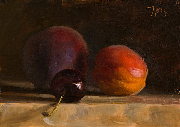 daily painting titled Peach, cherry and apricot