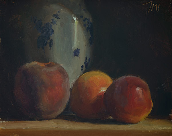 daily painting titled Peach, apricots and Delft vase