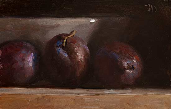 daily painting titled Plums and grey bowl