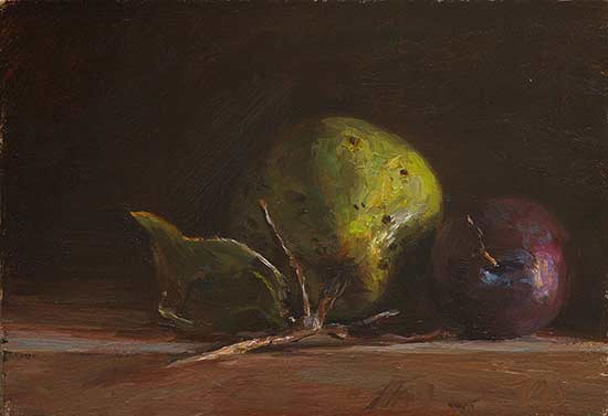 daily painting titled Still life with quince and plum