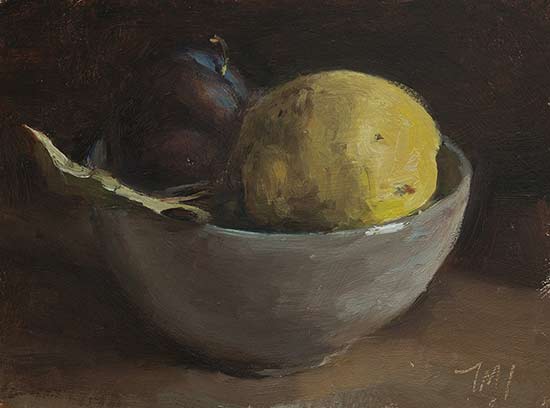 daily painting titled Quince and plums in a grey bowl