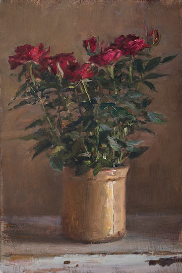 daily painting titled Red rose in a ProvenÃ§al pot