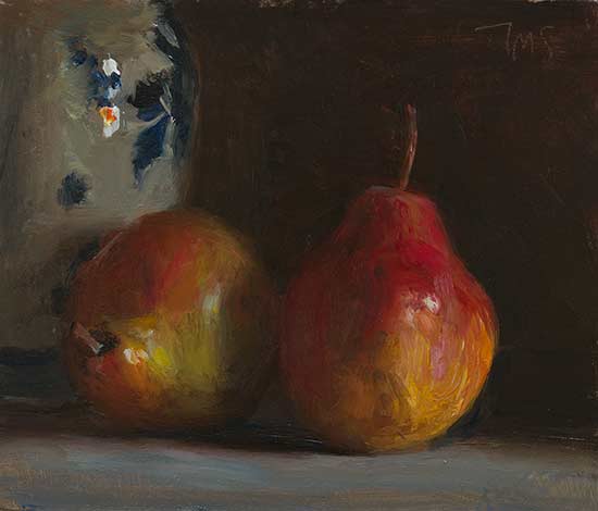 daily painting titled Two red pears with a Delft vase
