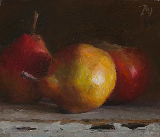 daily painting titled Two  pears and an apple