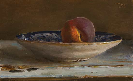 daily painting titled Peach in a blue bowl