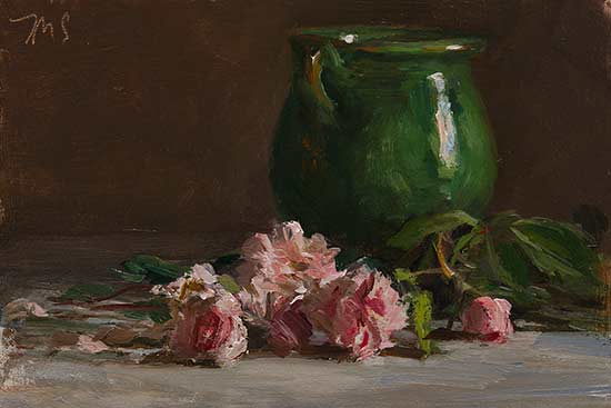 daily painting titled Garden roses and ProvenÃ§al pot
