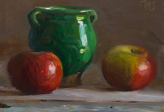 daily painting titled Red apples and green pot