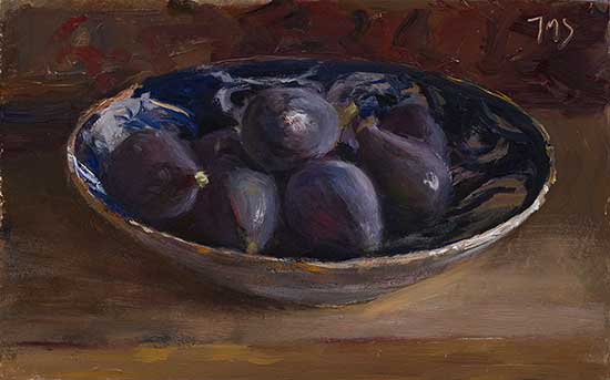 daily painting titled Figs in a blue patterned bowl