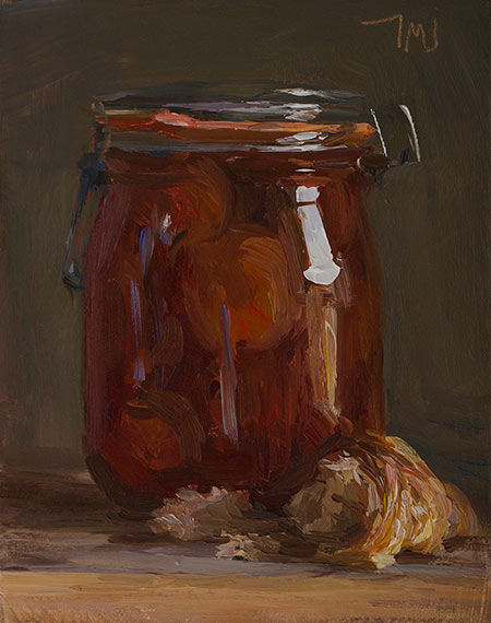 daily painting titled Bottled clementines and a croissant