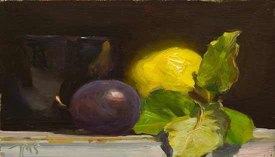 daily painting titled Still life with quince, plum and bowl