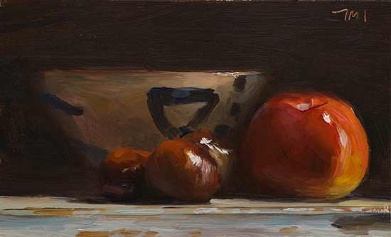 daily painting titled Still life with cup, apple and horse chestnuts
