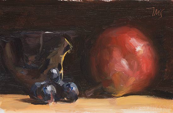 daily painting titled Red pear, grapes and bowl