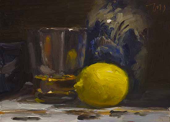 daily painting titled Lemon, whisky and Delft vase